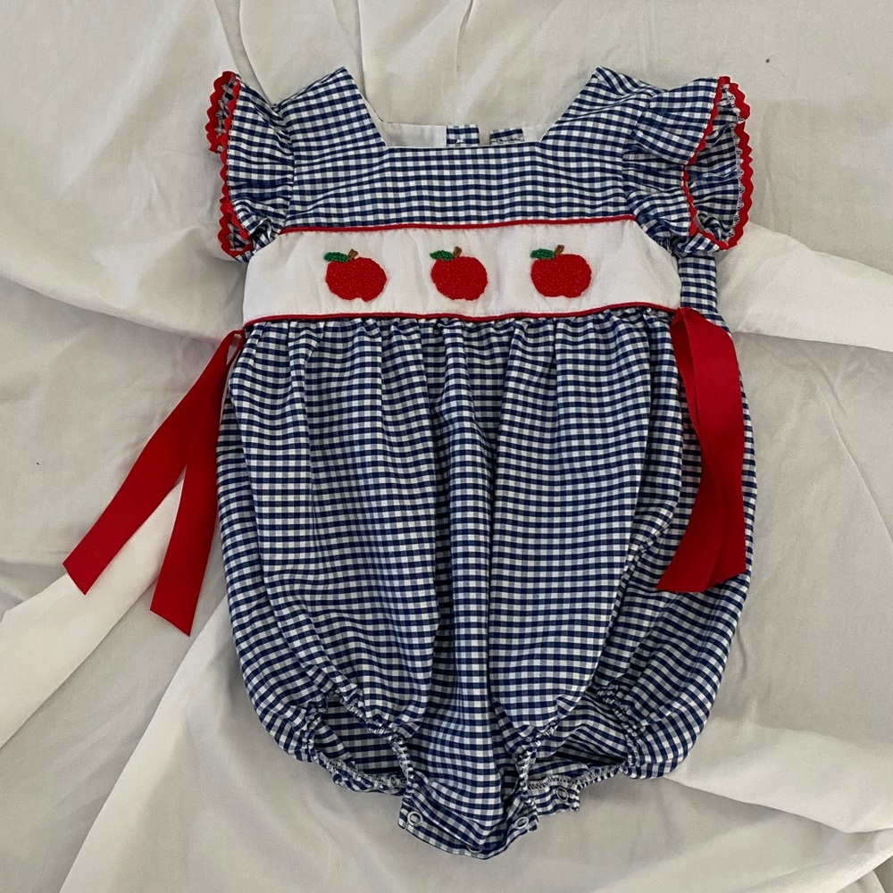 Blue Gingham Romper with Red Apple Embroidery